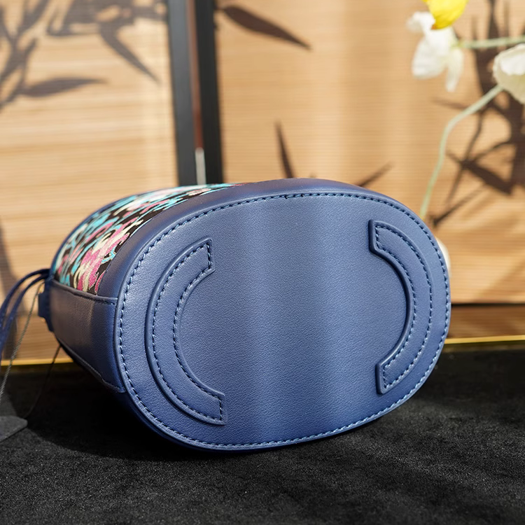 Navy blue twined branch pattern Song Jin genuine cowhide new Chinese style portable bucket women's bag cheongsam classical Chinese style ladies