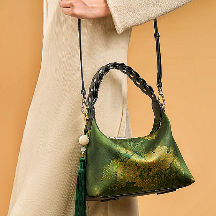 Intangible Heritage Xiangyunsha Silk Print Green Cuiwei New Chinese Style Crossbody Handbag for Women