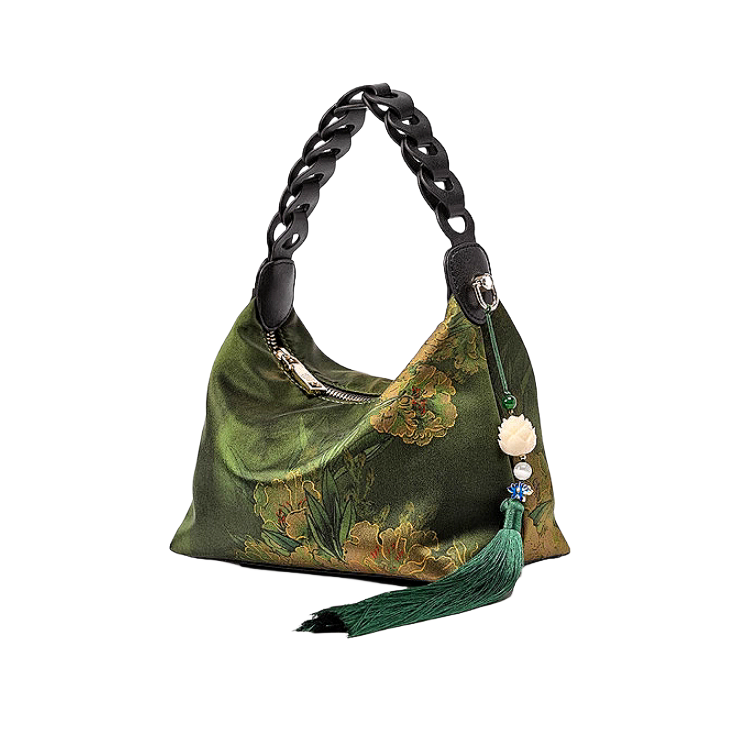 Intangible Heritage Xiangyunsha Silk Print Green Cuiwei New Chinese Style Crossbody Handbag for Women