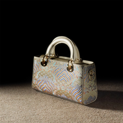 New Chinese style seawater river cliff cowhide handbag 2025 new large national style brocade commuter messenger women's bag