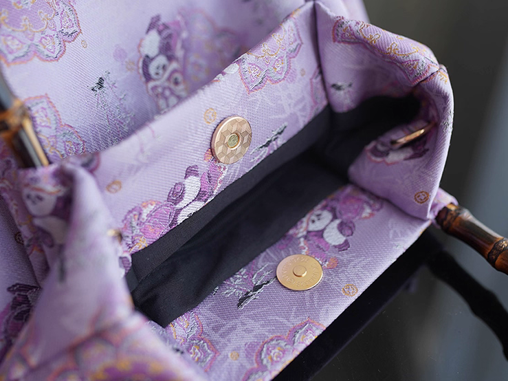 Songjin Silk Purple Panda Lion Dance Bamboo Handbag