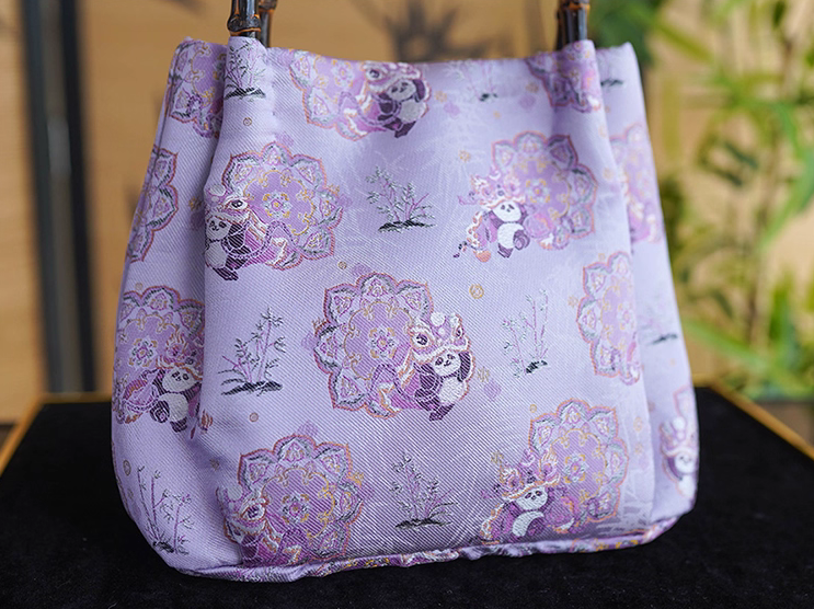Songjin Silk Purple Panda Lion Dance Bamboo Handbag