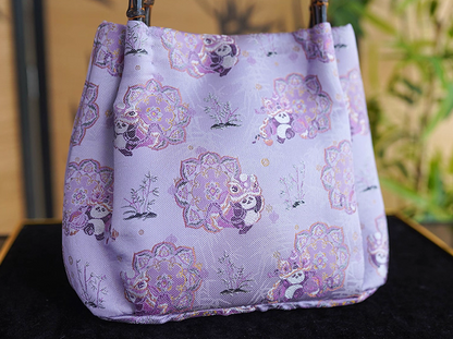 Songjin Silk Purple Panda Lion Dance Bamboo Handbag