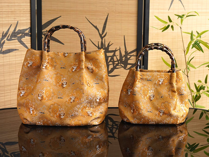 Song Brocade Yellow Panda Lion Dance Bamboo Handbag