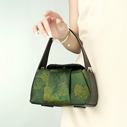 Intangible Heritage Xiangyunsha Printed Green Cuiwei Mulberry Silk New Chinese Style Handbag Crossbody Bag for Women