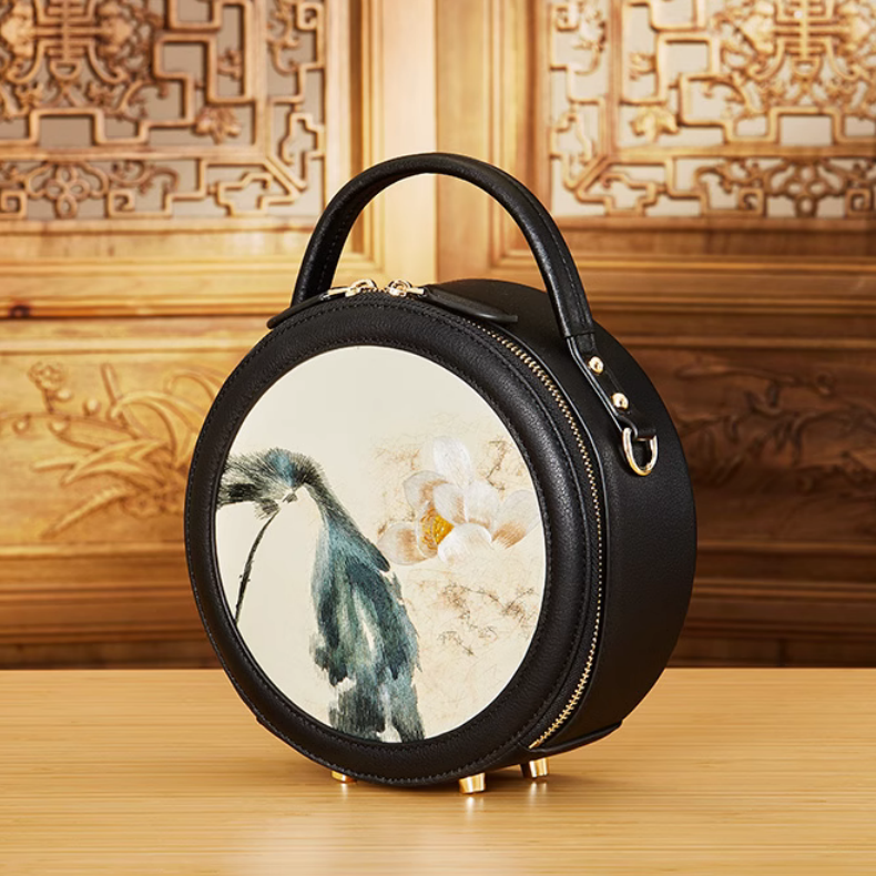 Handmade Suzhou embroidery ink fragrance lotus shadow new Chinese style one-shoulder crossbody handbag small round bag for women