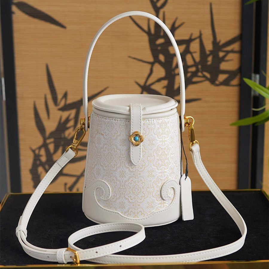 Intangible Cultural Heritage Song Brocade Silk Flower and Butterfly Bucket Bag Genuine Leather Hand Tote Shoulder Bag