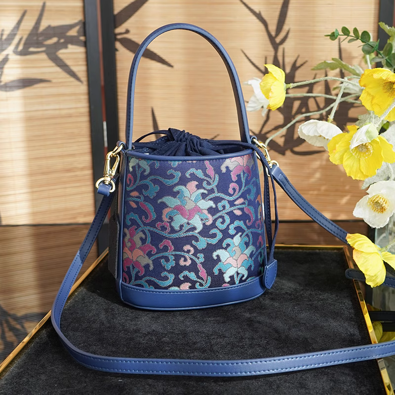 Navy blue twined branch pattern Song Jin genuine cowhide new Chinese style portable bucket women's bag cheongsam classical Chinese style ladies