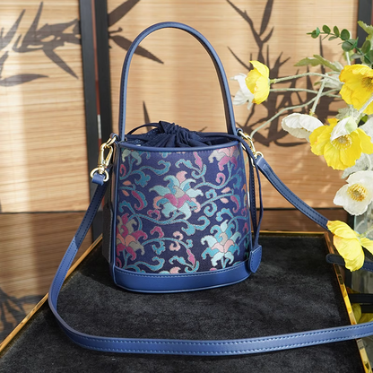 Navy blue twined branch pattern Song Jin genuine cowhide new Chinese style portable bucket women's bag cheongsam classical Chinese style ladies