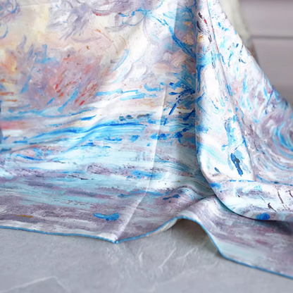 "Snow" Monet Oil Painting Series Double-sided Different Color Printed Twill Silk Large Square Scarf Women's Winter Mulberry Silk Scarf