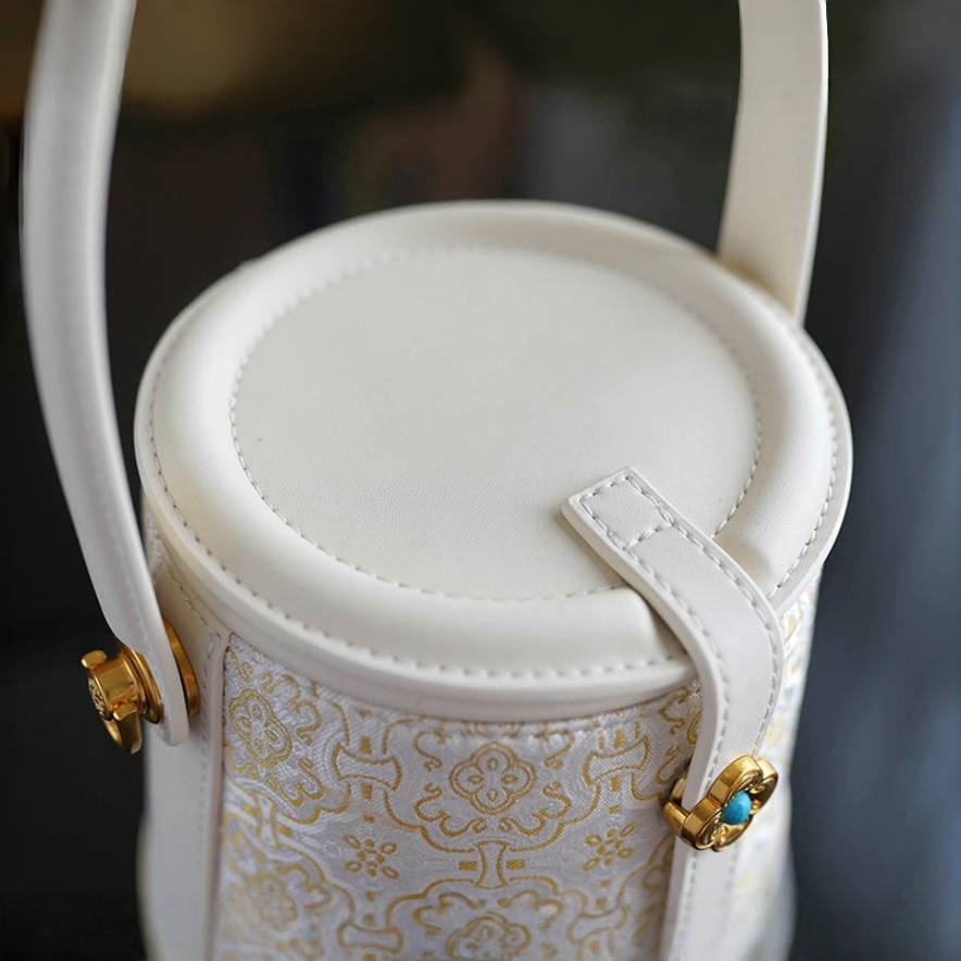 Intangible Cultural Heritage Song Brocade Silk Flower and Butterfly Bucket Bag Genuine Leather Hand Tote Shoulder Bag