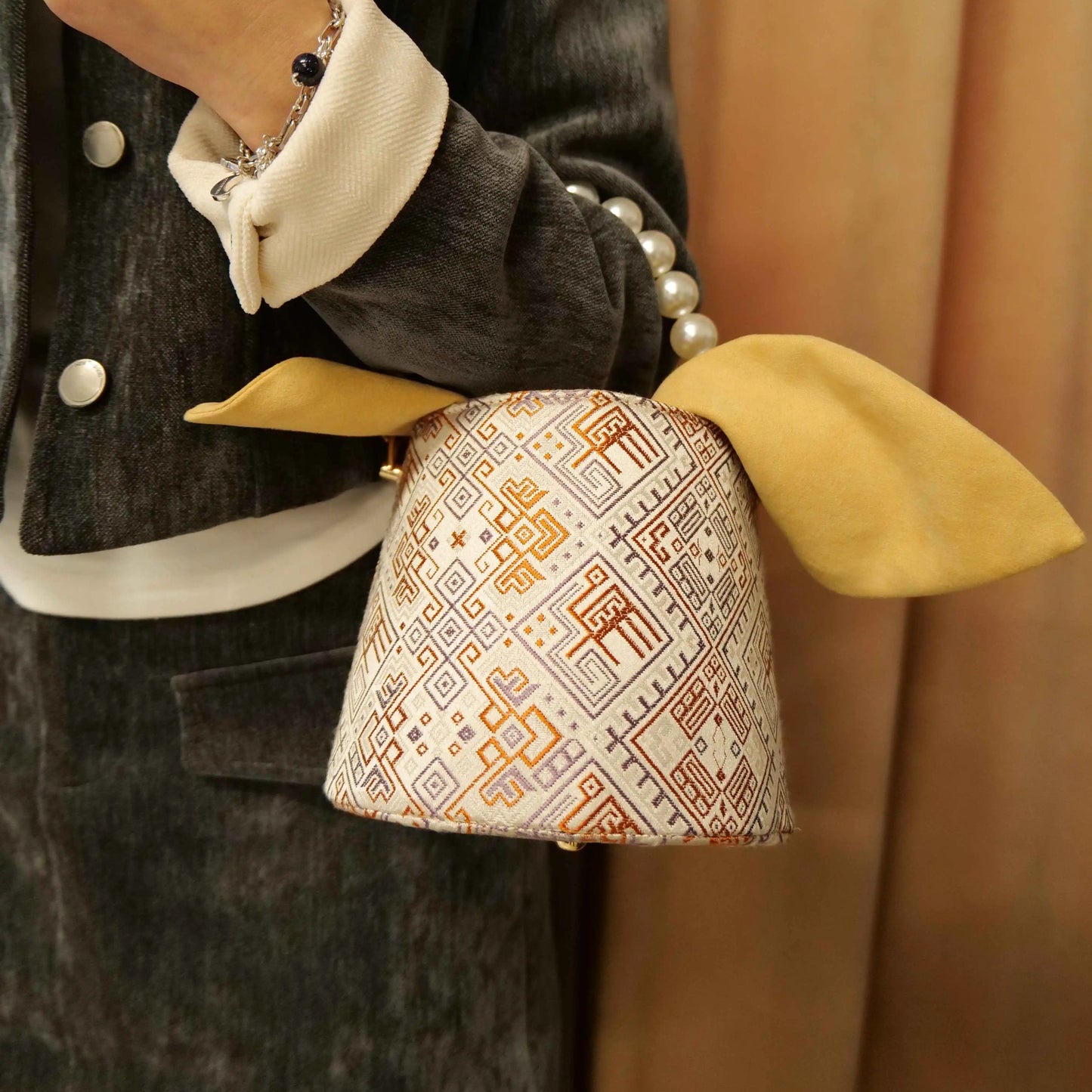 Guangxi Zhuang Brocade Rabbit Ear Pearl Bucket Bag Cute Handbag Crossbody Bag