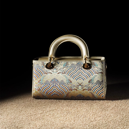 New Chinese style seawater river cliff cowhide handbag 2025 new large national style brocade commuter messenger women's bag