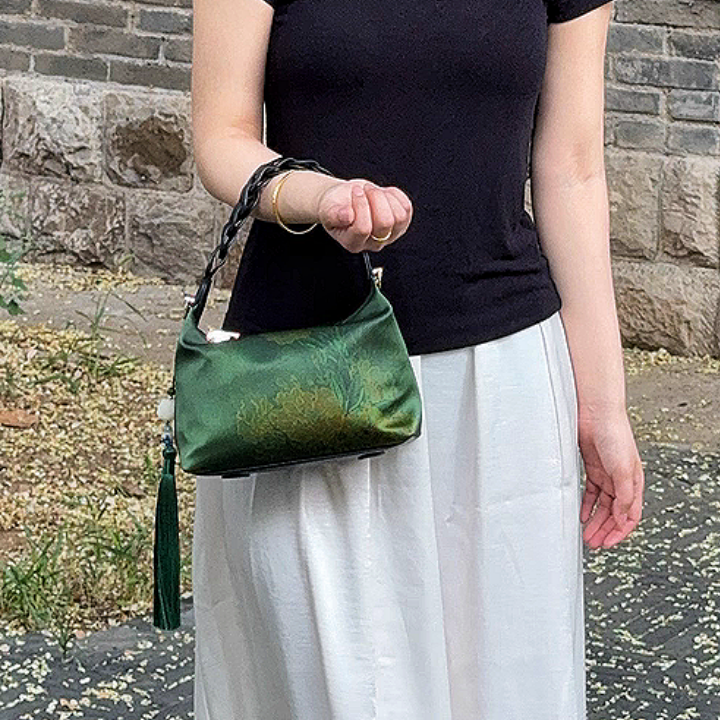 Intangible Heritage Xiangyunsha Silk Print Green Cuiwei New Chinese Style Crossbody Handbag for Women