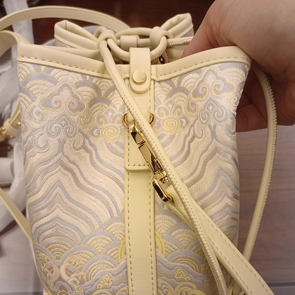 New Chinese style river cliff sea water pattern brocade jacquard bucket bag