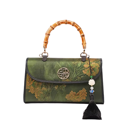 Intangible Heritage Xiangyunsha Printed Green Cuiwei New Chinese Style Mulberry Silk Handheld Oblique Bamboo Shoulder Bag for Women