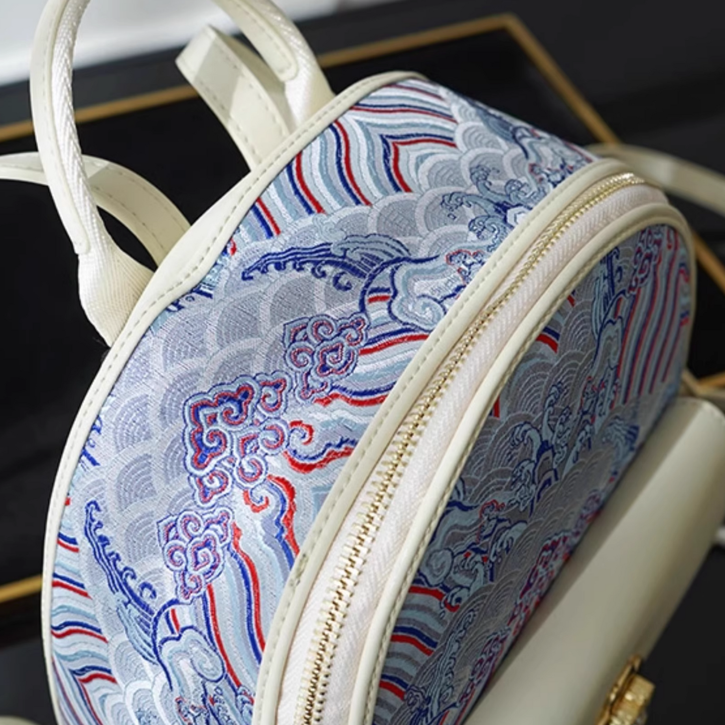 Champagne-colored seawater river cliff pattern backpack intangible cultural heritage brocade zipper new Chinese style women's national style casual bag