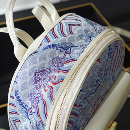 Champagne-colored seawater river cliff pattern backpack intangible cultural heritage brocade zipper new Chinese style women's national style casual bag