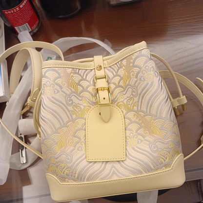 New Chinese style river cliff sea water pattern brocade jacquard bucket bag