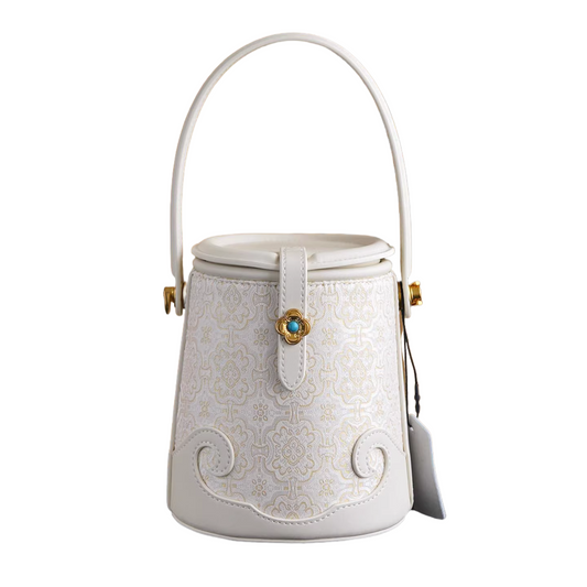 Intangible Cultural Heritage Song Brocade Silk Flower and Butterfly Bucket Bag Genuine Leather Hand Tote Shoulder Bag