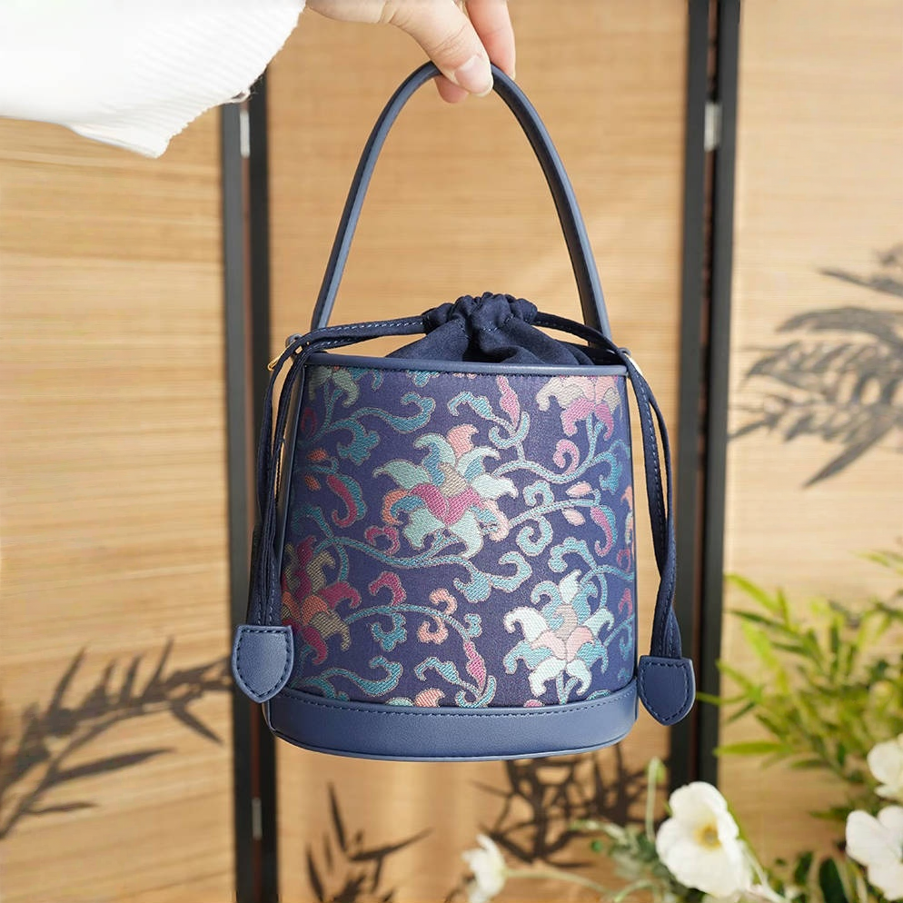 Navy blue twined branch pattern Song Jin genuine cowhide new Chinese style portable bucket women's bag cheongsam classical Chinese style ladies