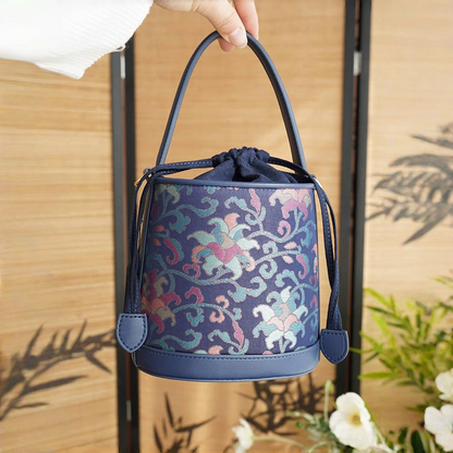 Navy blue twined branch pattern Song Jin genuine cowhide new Chinese style portable bucket women's bag cheongsam classical Chinese style ladies
