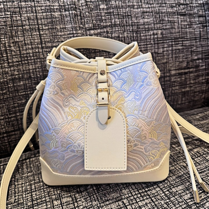 New Chinese style river cliff sea water pattern brocade jacquard bucket bag