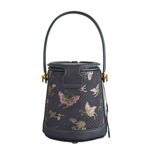 Intangible Cultural Heritage Song Brocade Silk Flower and Butterfly Bucket Bag Genuine Leather Hand Tote Shoulder Bag
