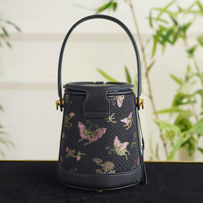 Intangible Cultural Heritage Song Brocade Silk Flower and Butterfly Bucket Bag Genuine Leather Hand Tote Shoulder Bag