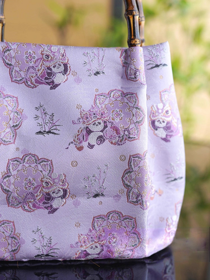 Songjin Silk Purple Panda Lion Dance Bamboo Handbag