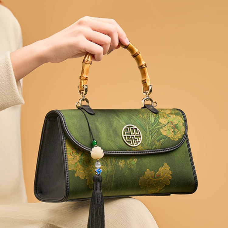 Intangible Heritage Xiangyunsha Printed Green Cuiwei New Chinese Style Mulberry Silk Handheld Oblique Bamboo Shoulder Bag for Women