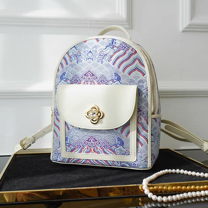 Champagne-colored seawater river cliff pattern backpack intangible cultural heritage brocade zipper new Chinese style women's national style casual bag