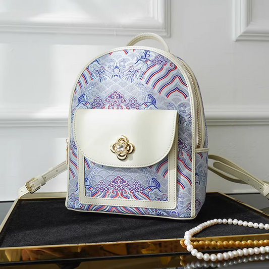 Champagne-colored seawater river cliff pattern backpack intangible cultural heritage brocade zipper new Chinese style women's national style casual bag