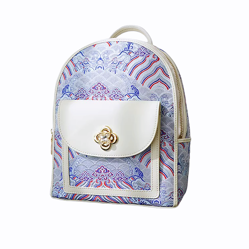 Champagne-colored seawater river cliff pattern backpack intangible cultural heritage brocade zipper new Chinese style women's national style casual bag