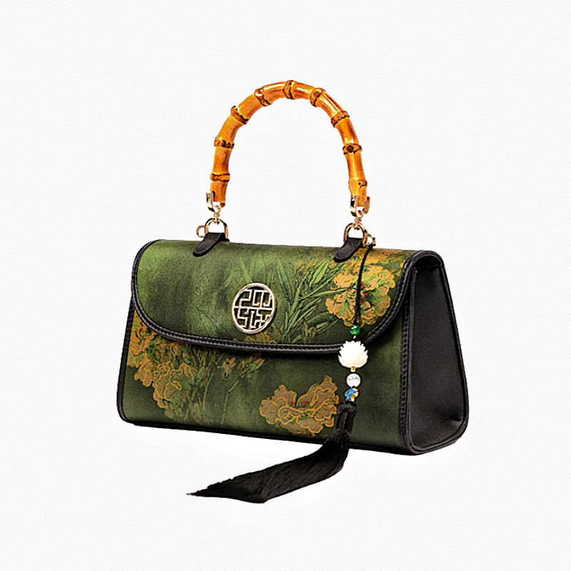 Intangible Heritage Xiangyunsha Printed Green Cuiwei New Chinese Style Mulberry Silk Handheld Oblique Bamboo Shoulder Bag for Women