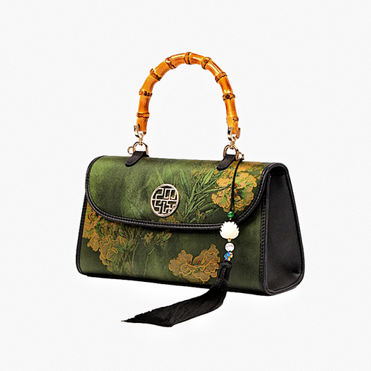 Intangible Heritage Xiangyunsha Printed Green Cuiwei New Chinese Style Mulberry Silk Handheld Oblique Bamboo Shoulder Bag for Women