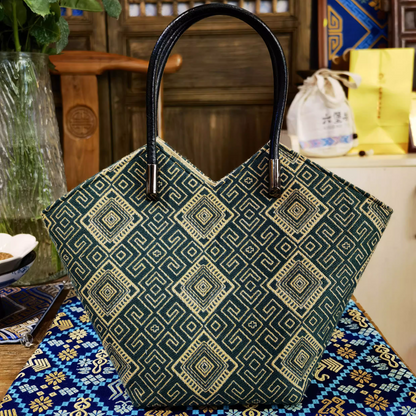 Zhuang Brocade Pattern Green Double Swallow Butterfly Handbag