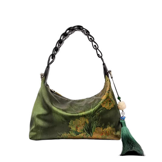 Intangible Heritage Xiangyunsha Silk Print Green Cuiwei New Chinese Style Crossbody Handbag for Women