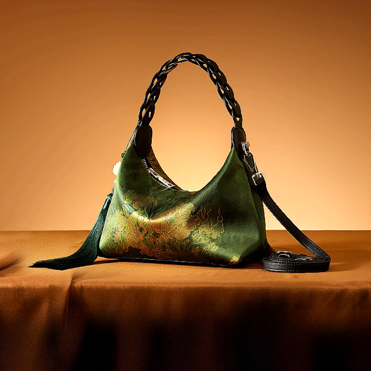 Intangible Heritage Xiangyunsha Silk Print Green Cuiwei New Chinese Style Crossbody Handbag for Women